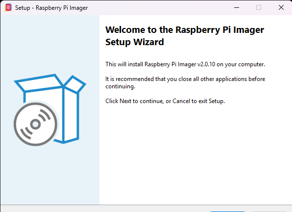 Raspberry Pi Imagerインストーラーのウェルカム画面