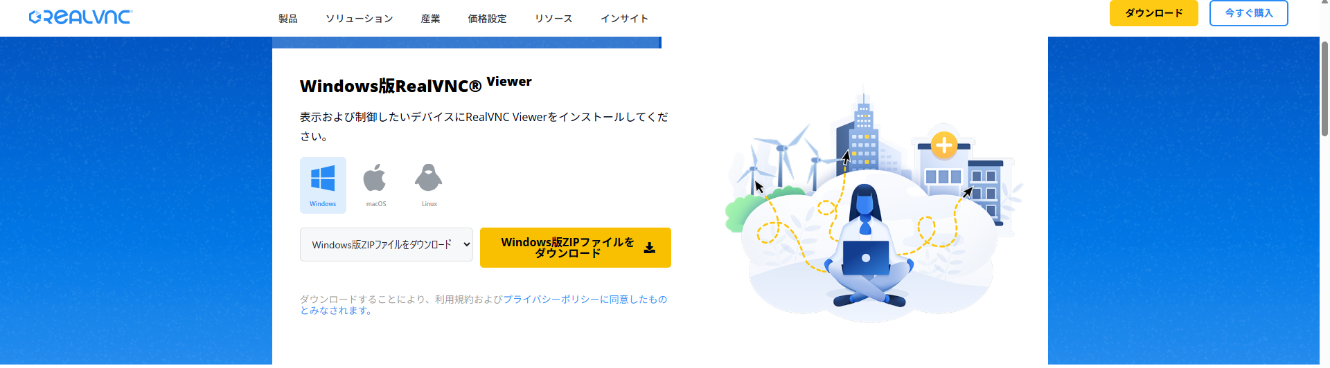 RealVNCダウンロードページのVNC Viewerタブ