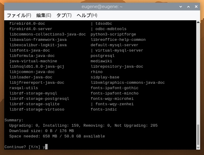 aptのSummary。Installing 159、Space needed 658MBと表示されている
