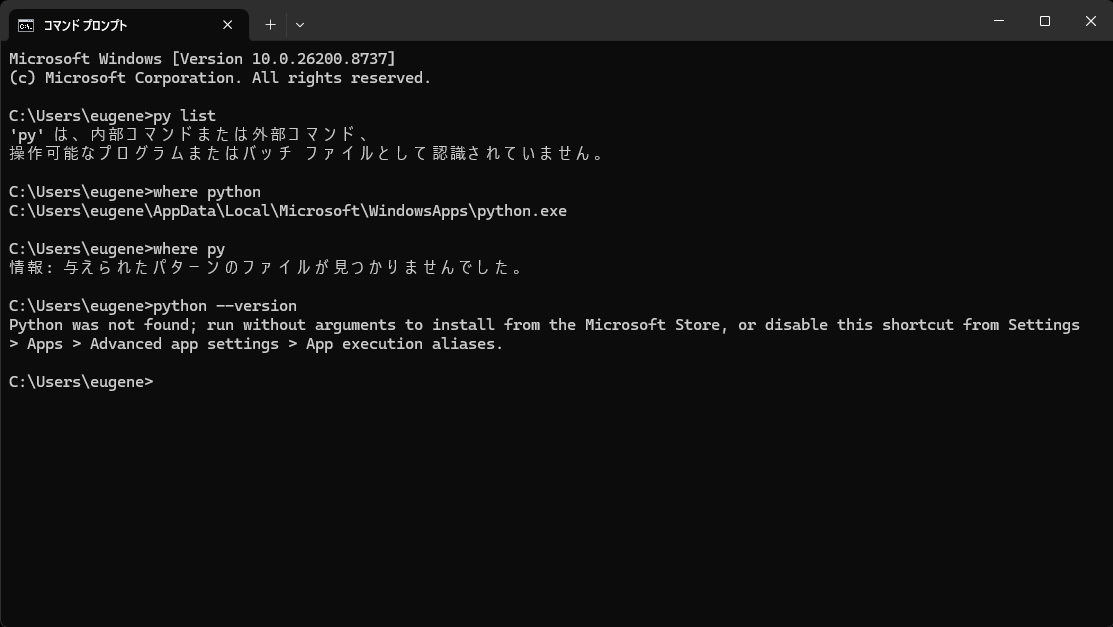 Pythonが入っていない状態で4つのコマンドを実行した結果