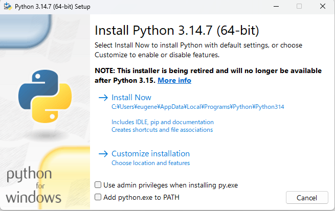 インストーラーの画面。引退の告知とAdd python.exe to PATHのチェックボックスが同時に写っている